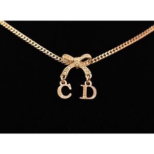 Christian Dior Vintage Logo Bow Necklace CD Charm Crystal Signed 90s 1990s BinAU